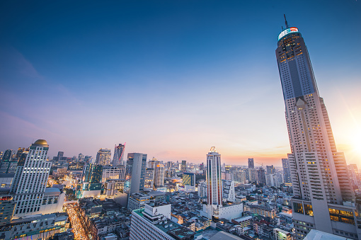 Panoramic view Cityscape business district ( makkasan ,baiyok , Ratchaprarop , patunam  Bangkok, Thailand) aerial view highrise  building at dusk