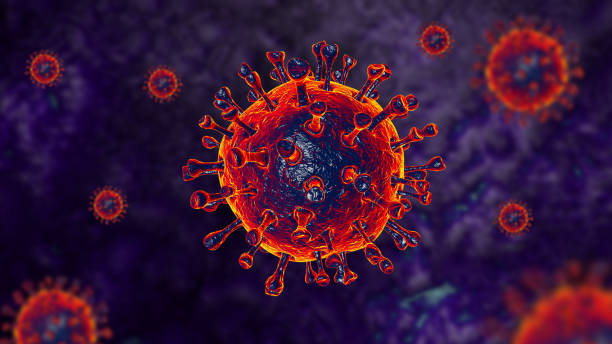 3D render nCov-Coronavirus cell outbreak and coronaviruses influenza red background concept dangerous flu shot pandemic medical health risk with disease. stock photo