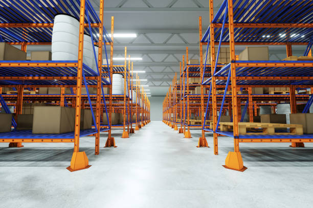 istock 3D render Industrial racks, pallets, boxes, shelves with goods in huge storage rooms. Warehouse equipment, automotive warehouse, logistics, delivery of goods. Copy space. 1212653226