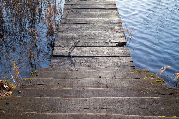 istock Old rustic wooden steps leading to a jetty 1212654961