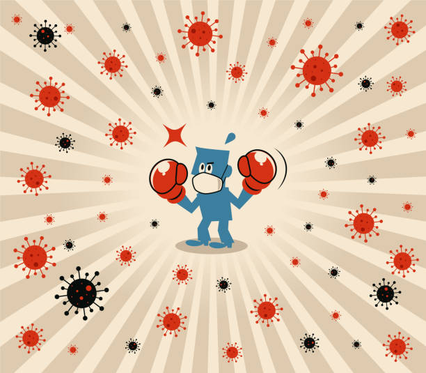 ilustraciones, imágenes clip art, dibujos animados e iconos de stock de hombre azul lleva máscara facial médica y guantes de boxeo para luchar contra el nuevo coronavirus (gripe, bacteria, virus, contaminación del aire) - boxing combative sport defending protection