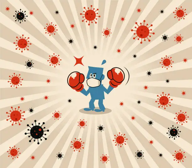 Vector illustration of Blue man wears medical face mask and boxing gloves to fight against novel coronavirus (flu, bacterium, virus, air pollution)