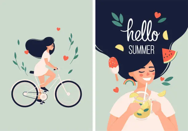 Vector illustration of Happy woman with lemonade in hand and rides a bicycle