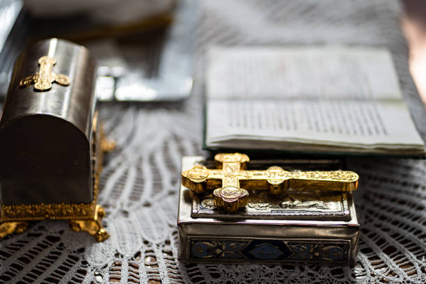istock Orthodox church prayer book at  wedding or baptism 1212660016