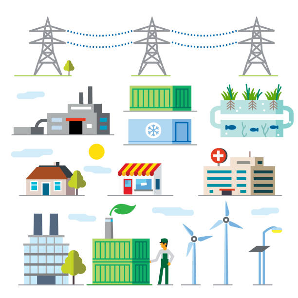 Micro grid Eco park Mini Eco system and Eco grid icons solar street lights stock illustrations