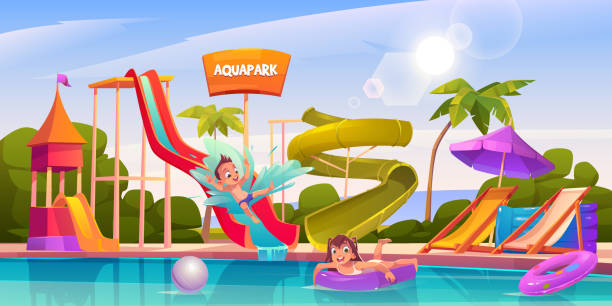 ilustrações de stock, clip art, desenhos animados e ícones de kids in aquapark, amusement aqua park attractions - inflatable child playground leisure games