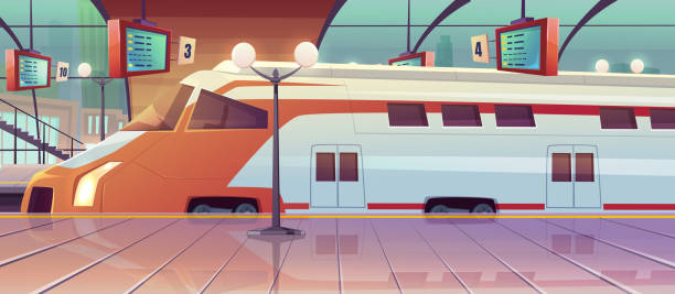 ilustraciones, imágenes clip art, dibujos animados e iconos de stock de estación de tren con tren de alta velocidad y plataforma - urban scene railroad track train futuristic