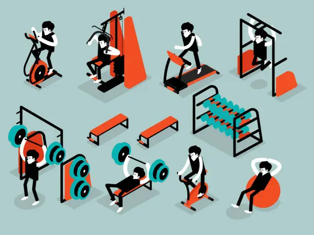 Vector illustration of beautiful isometric flat design of man workout in gym, workout machine isometric design concept