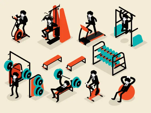 Vector illustration of beautiful isometric flat design of business man workout in gym, workout machine isometric design concept