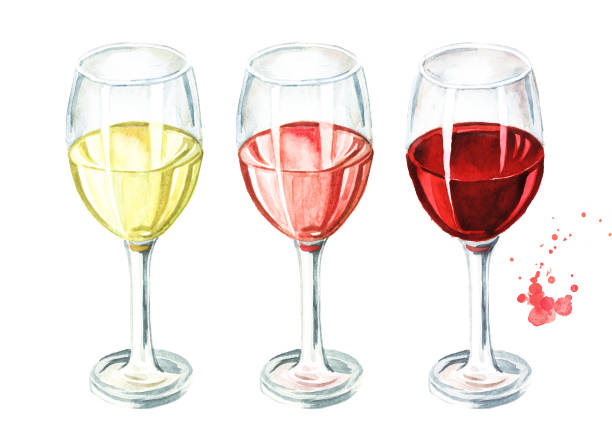 illustrations, cliparts, dessins animés et icônes de verre de rose, rouge et blanc ensemble. illustration d’aquarelle dessinée à la main, isolée sur le fond blanc - wineglass illustration and painting isolated on white clipping path