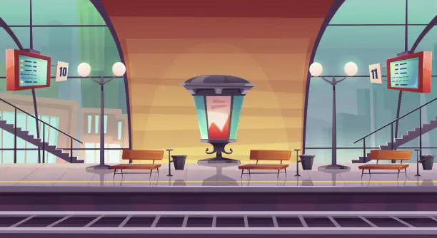 Vector illustration of Railway station, empty railroad platform for train