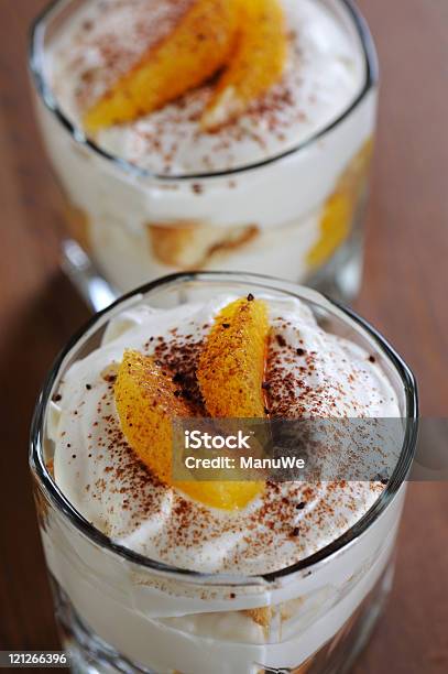 Dessert Orange Tiramisu In Glass Topview Stock Photo - Download Image Now - Orange - Fruit, Drinking Glass, Glass - Material