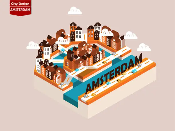 Vector illustration of beautiful isometric style design concept of Amsterdam city, Netherlands, Amsterdam landmark isometric design concept