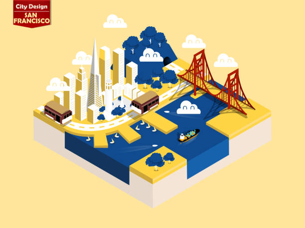 schöne isometrische stil design-konzept von san francisco stadt, amerika, san francisco wahrzeichen isometrischedesign konzept - golden gate bridge san francisco county bridge city stock-grafiken, -clipart, -cartoons und -symbole