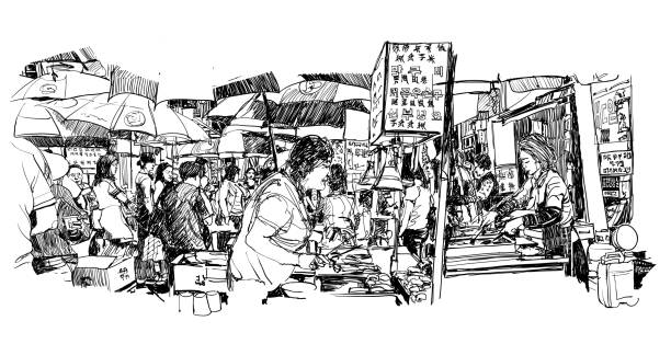 People in a food Market in Korea People in a food Market in Korea - vector illustration (Ideal for printing on fabric or paper, poster or wallpaper, house decoration) All signs and characters are fictitious street food stock illustrations