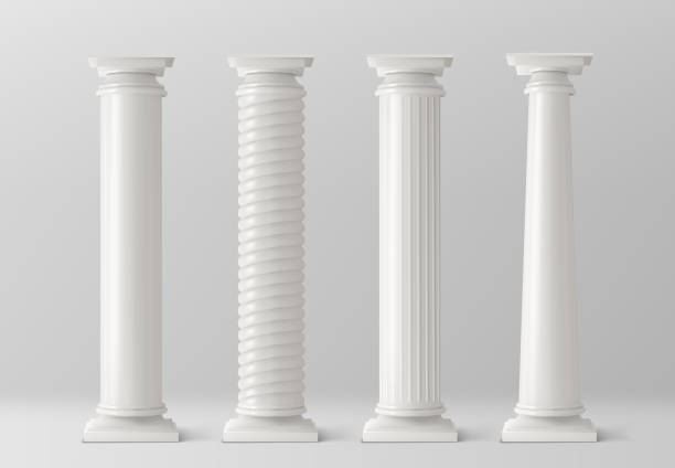 Antique columns set isolated on white background Antique pillars set isolated on white background. Ancient classic stone columns of roman or greece architecture with twisted and groove ornament for interior facade design Realistic 3d vector mockup architectural column stock illustrations