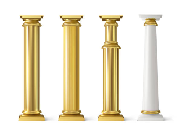 zestaw zabytkowych złotych filarów. starożytne złote kolumny - column pedestal greek culture three dimensional shape stock illustrations