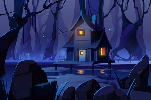Wooden stilt house on swamp in night forest. Old shack with glow windows stand on piles in deep wood. Witch hut, computer game background, fantasy mystic nature landscape, Cartoon vector illustration