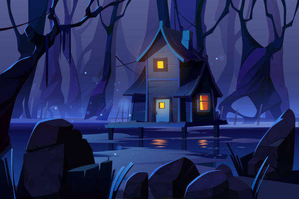木神秘高蹺房子在沼澤在夜林 - 怪異 插圖 幅插畫檔、美工圖案、卡通及圖標