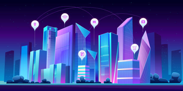 Smart city and infographic icons at night Smart city with wireless communication technology and Internet of things. Vector cartoon night cityscape with skyscrapers and infographic icons. Digital infrastructure in town hospital building at night stock illustrations