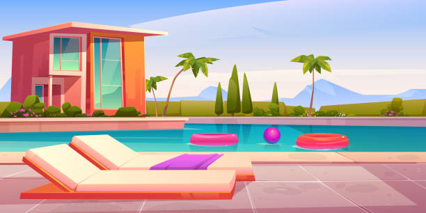 haus und schwimmbad mit liegestühlen - holiday villa illustrations stock-grafiken, -clipart, -cartoons und -symbole