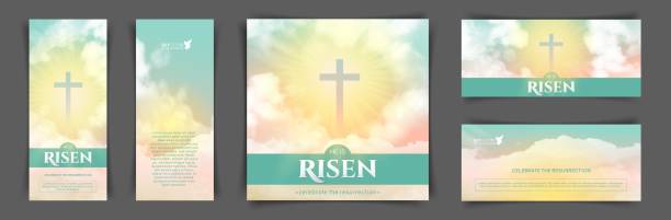 Christian religious design for Easter celebration. A set of vector banners Christian religious design for Easter celebration. A set of vector banners. Text: He is risen, shining Cross and heaven with white clouds. background of the easter sunday stock illustrations