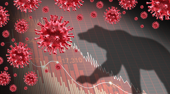 Coronavirus financial crisis and slumping stock market business concept due to a virus pandemic causing a market crash and stock selloff as an economic downturn with 3D illustration elements.