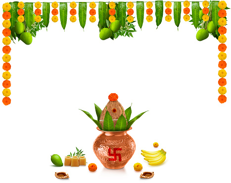 Happy Ugadi Greeting Card Background With Decorated Kalash and mangoes traditional new year festival in karnataka andra paradesh  and tamil nadu tamil varusha pirappu