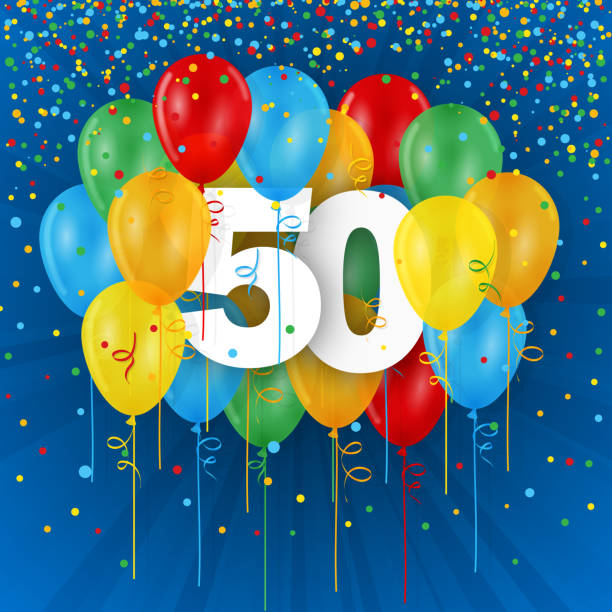 50 years with colorful balloons 50 years with colorful balloons and confetti on blue background 50th anniversary photos stock pictures, royalty-free photos & images