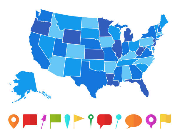 usa karte. infografik uns karte mit bunten zuständen und pins, topographische info umriss straße, reise poster vektor illustration - multidirectional stock-grafiken, -clipart, -cartoons und -symbole