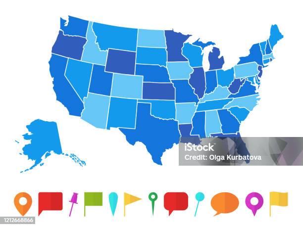 미국 지도 인포 그래픽 우리 여러 가지 색상 상태와 핀지도 지형 정보 개요 도로 여행 포스터 벡터 일러스트 미국에 대한 스톡 벡터 아트 및 기타 이미지