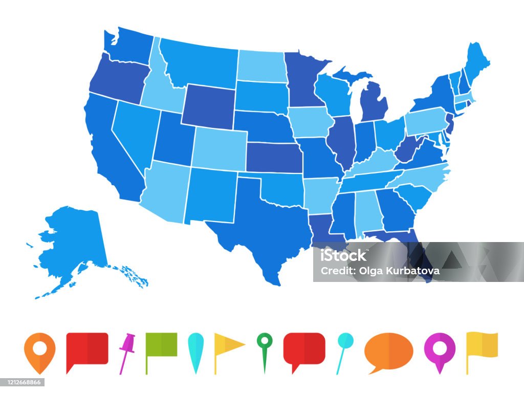 ABD haritası. Çok renkli durumları ve iğneleri ile infografik bize harita, topografik bilgi anahat yol, seyahat postervektör illüstrasyon - Royalty-free ABD Vector Art