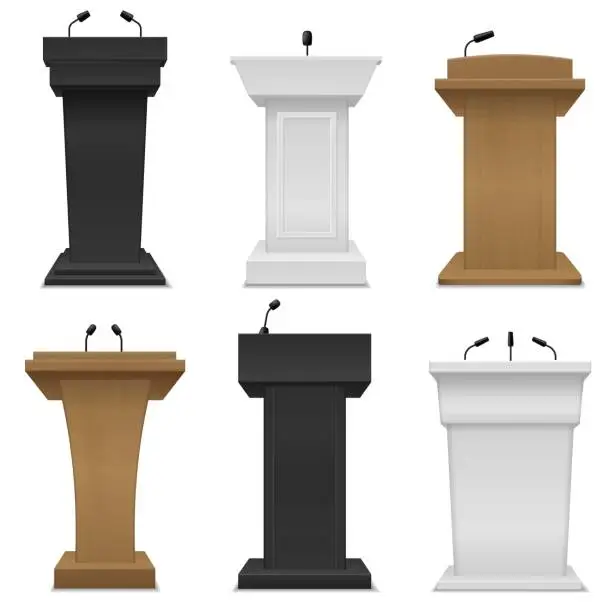 Vector illustration of Tribune podium. Different color rostrums with microphones for business presentation public seminar, conference speech, public debate vector set