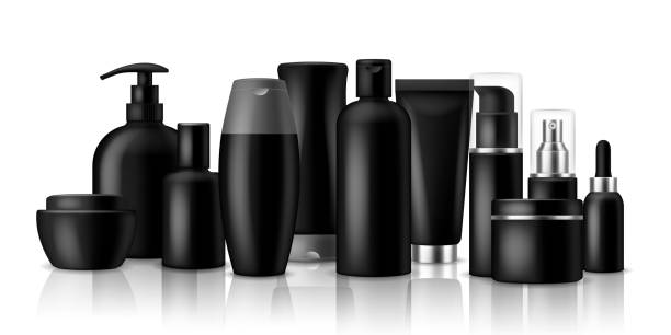 istock Cosmetic products. Black blank containers and jar for luxury spray or cream isolated vector packaging mockup set 1212669799