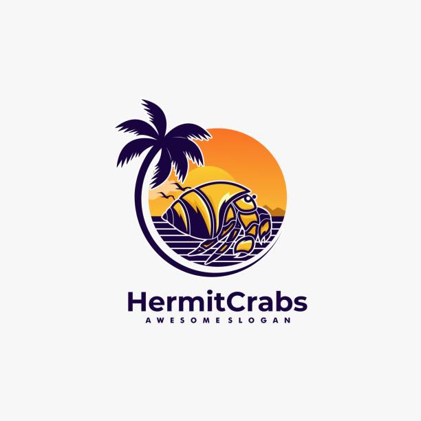 ilustrações de stock, clip art, desenhos animados e ícones de vector illustration hermit crabs land scape vintage badge style. - sea ideas concepts crab