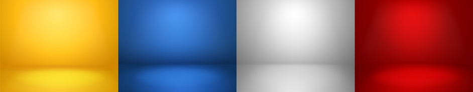 Studio backgrounds. Red, blue, yellow and blue walls for photography space vector simple set with bright gradient spotlight