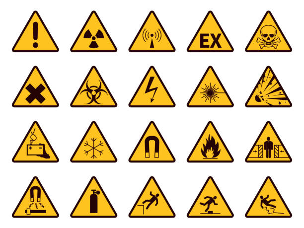 ilustraciones, imágenes clip art, dibujos animados e iconos de stock de señales de advertencia. triángulo amarillo alerta símbolos, atención química, peligro inflamable y de radiación, signos de exclamación de accidente silverique silenciendo iconos vectoriales - explosive