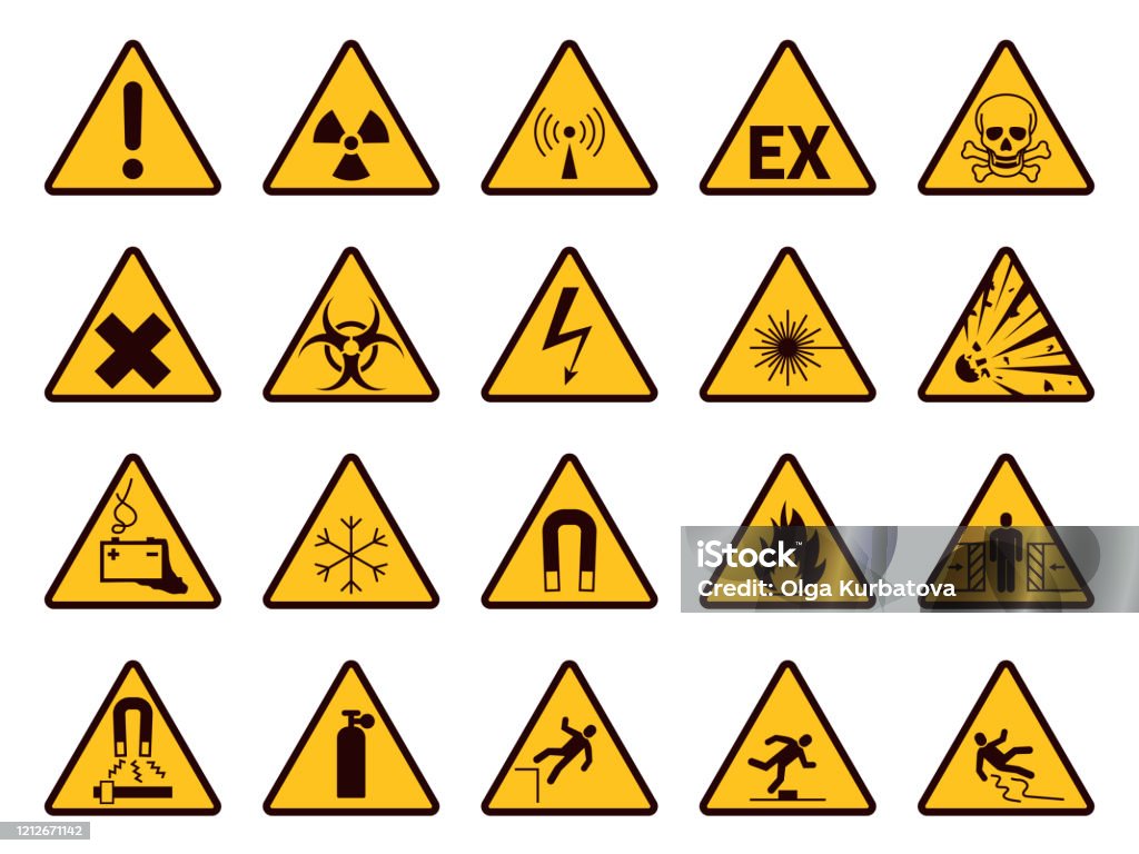 警告標誌。黃三角警報符號，注意化學，易燃和輻射危險，事故驚嘆號警告向量圖示 - 免版稅危險圖庫向量圖形