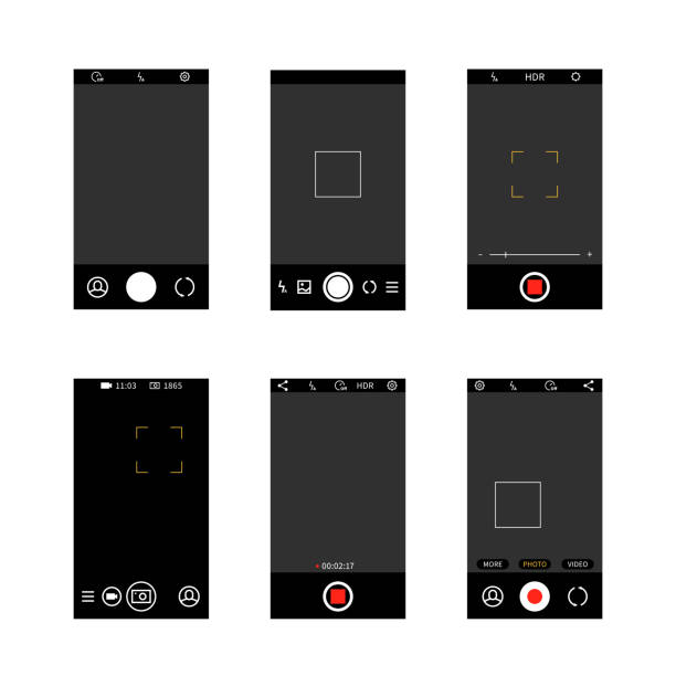 illustrations, cliparts, dessins animés et icônes de interface d’écran de caméra de smartphone. moderne médias sociaux application mobile ui photo frame design, réglages de l’appareil photo boutons modèle vectoriel - instant camera