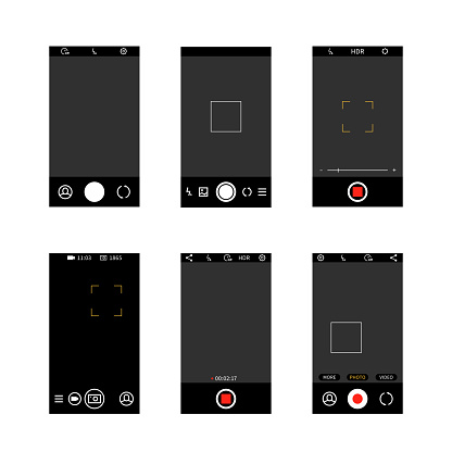 Smartphone camera screen interface. Modern social media mobile application ui photo frame design, camera settings buttons vector template