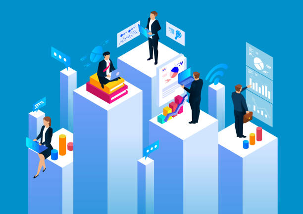 Group of businessmen working in business space, statistical analysis and management Group of businessmen working in business space, statistical analysis and management business illustrations stock illustrations