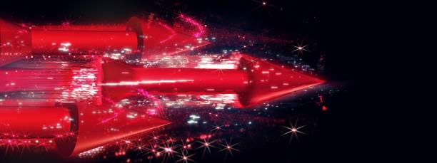 istock Glowing red arrows flying in the dark 1212676774