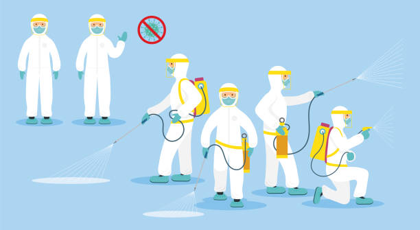 보호복이나 옷을 입은 사람들, 바이러스 를 청소하고 소독하기 위해 스프레이 - protective suit 이미지 stock illustrations