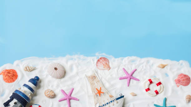 istock Nautical concept, marine decoration on blue background. 1212677042