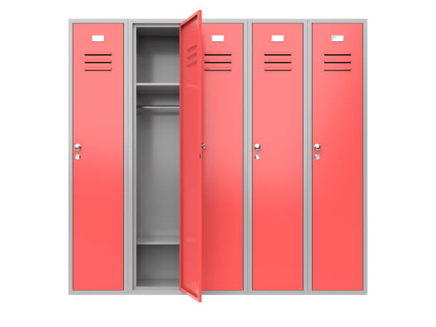 istock Red metal gym lockers with one open door 1212677113