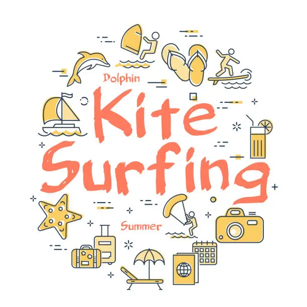 Vector illustration of Colorful icons in summer kitesurfing theme
