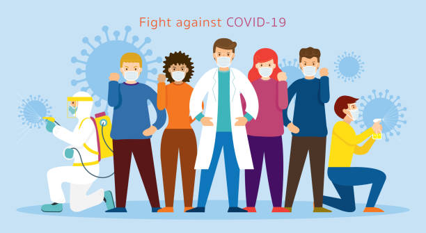 stockillustraties, clipart, cartoons en iconen met mensen en arts dragen face mask fight against covid-19 - ruzie