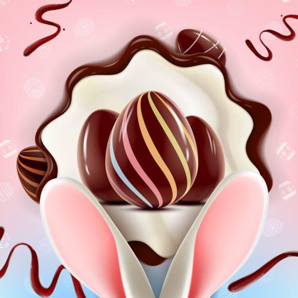 Happy Easter vector background concept with realistic chocolate Easter eggs, bunny ears and flowers. Vector Illustration for spring Holiday ads, and invitations with text space. Happy Easter vector background concept with realistic chocolate Easter eggs, bunny ears and flowers. Vector Illustration for spring Holiday ads, and invitations with text space. bunny ear stock illustrations