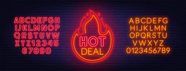 ilustrações de stock, clip art, desenhos animados e ícones de hot deal neon sign on brick wall background. - flaming hot