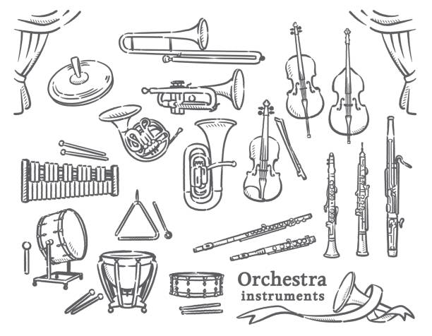Classical orchestra instruments set. Classical orchestra instruments set. Vector illustration. antique french horn pic stock illustrations